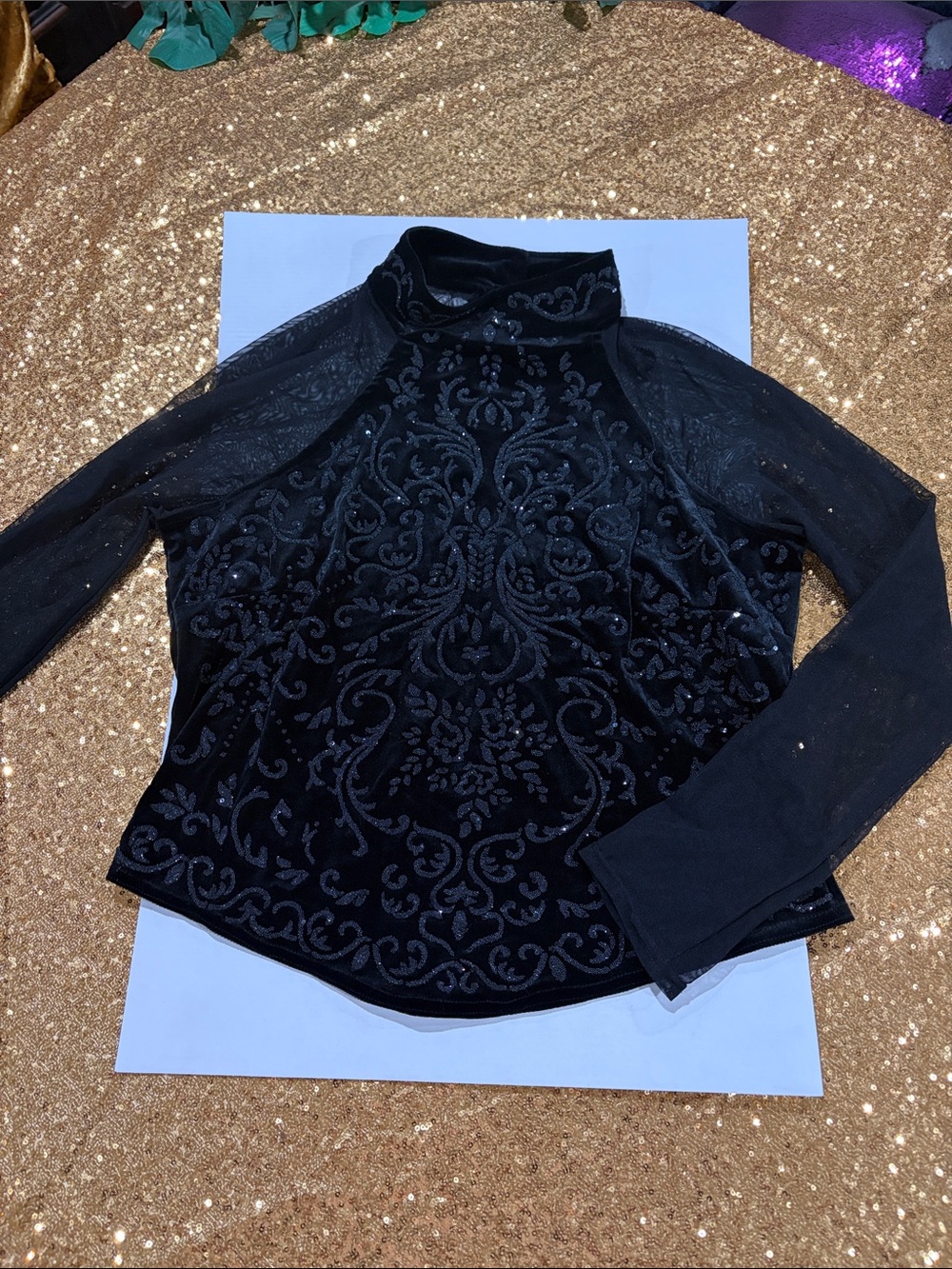 MSK Black beaded Velvet Burnout Mock Neck Long Sleeve Top